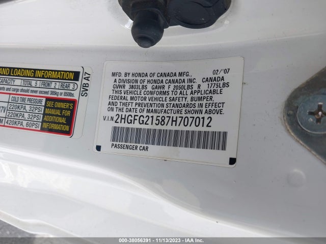 2007 HONDA CIVIC SI VIN: 2HGFG21587H707012