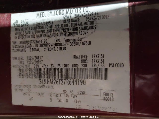 2007 LINCOLN MKZ VIN: 3LNHM26T27R644190