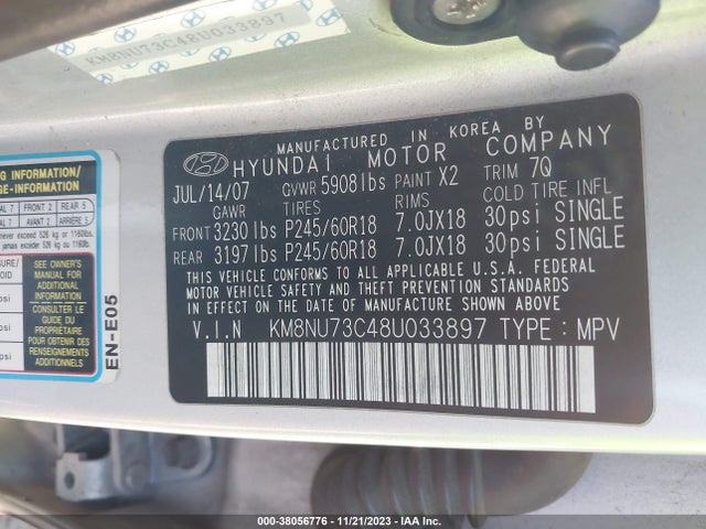 2008 HYUNDAI VERACRUZ LIMITED/GLS/SE VIN: KM8NU73C48U033897
