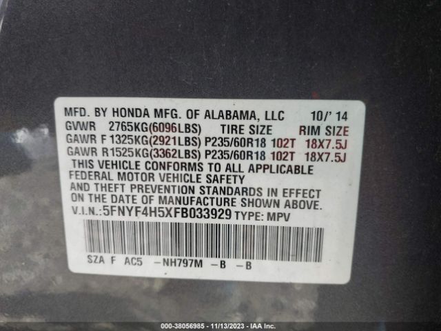 5FNYF4H5XFB033929 Honda Pilot Ex-l