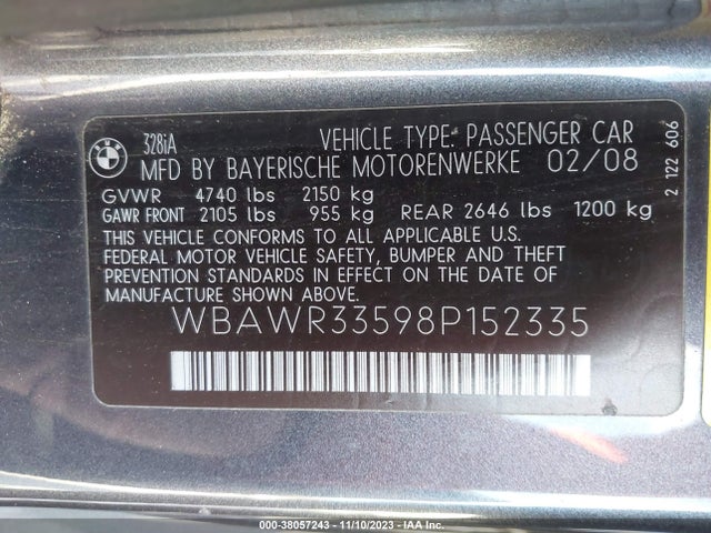 2008 BMW 328I VIN: WBAWR33598P152335