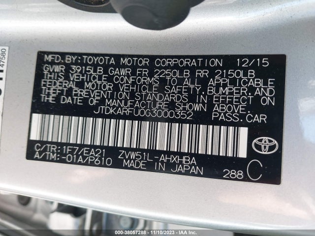 Продажа на аукционе авто 2016 Toyota Prius Four, vin: JTDKARFU0G3000352, номер лота: 38057288