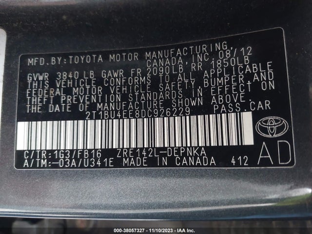 2013 TOYOTA COROLLA LE VIN: 2T1BU4EE8DC926229