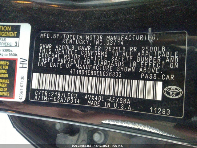 2014 TOYOTA AVALON HYBRID XLE TOURING VIN: 4T1BD1EB0EU026333