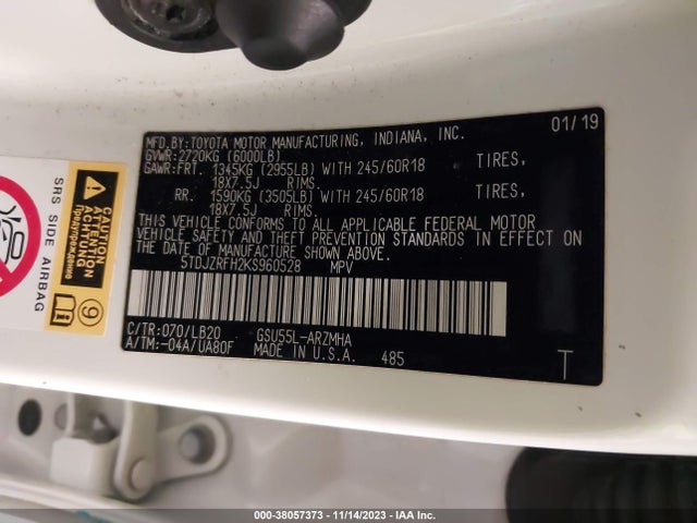 Toyota Highlander Xle 2019 5TDJZRFH2KS960528 Image 9