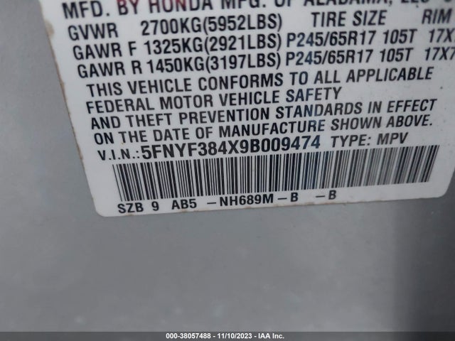 2009 HONDA PILOT EX VIN: 5FNYF384X9B009474