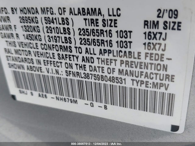 2009 HONDA ODYSSEY EX-L VIN: 5FNRL38759B048531