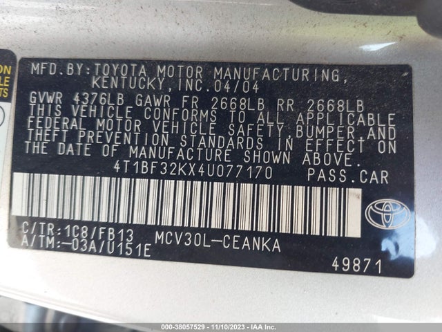 2004 TOYOTA CAMRY LE V6 VIN: 4T1BF32KX4U077170
