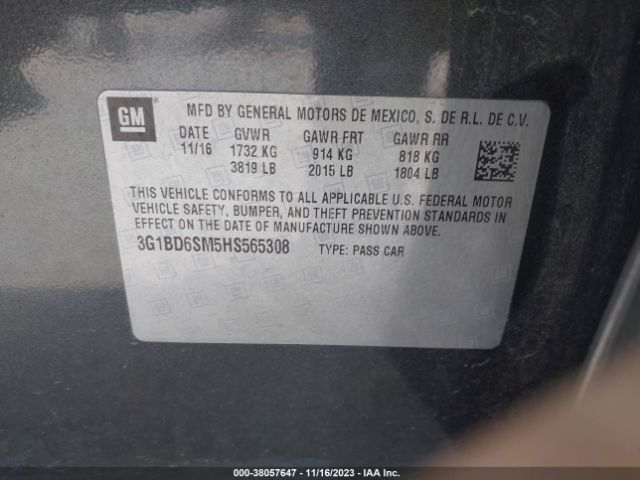 3G1BD6SM5HS565308 Chevrolet Cruze Lt Manual