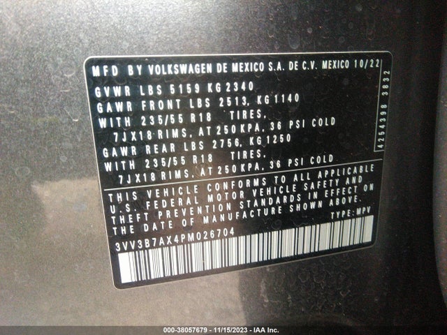 3VV3B7AX4PM026704 Volkswagen Tiguan 2.0t Se
