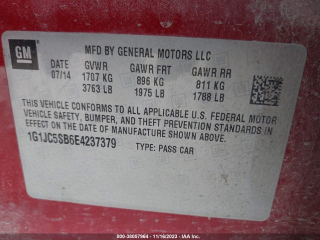 Chevrolet Sonic Lt Auto 2014 1G1JC5SB6E4237379 Image 9