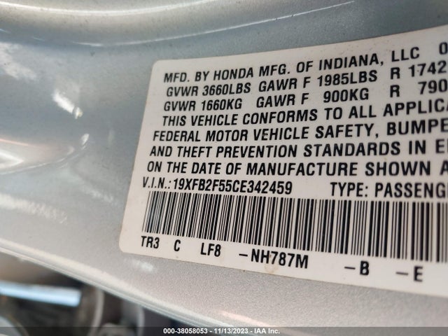 2012 HONDA CIVIC SDN LX VIN: 19XFB2F55CE342459