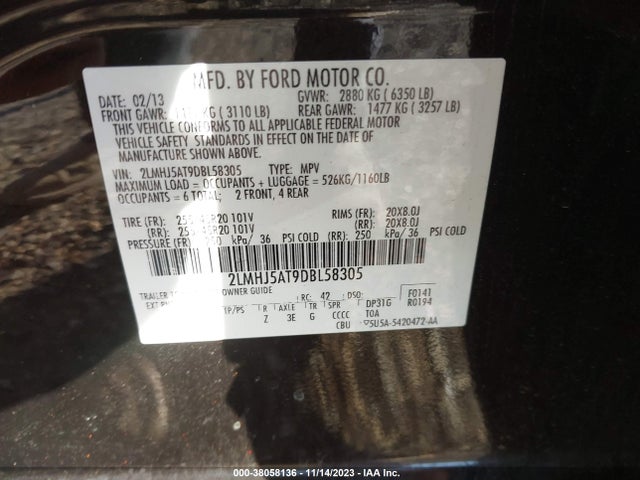 2013 LINCOLN MKT ECOBOOST VIN: 2LMHJ5AT9DBL58305