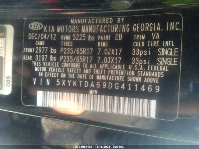 2013 KIA SORENTO LX VIN: 5XYKTDA69DG411469