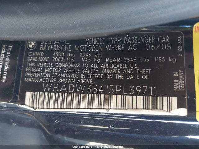 2005 BMW 325CI VIN: WBABW33415PL39711