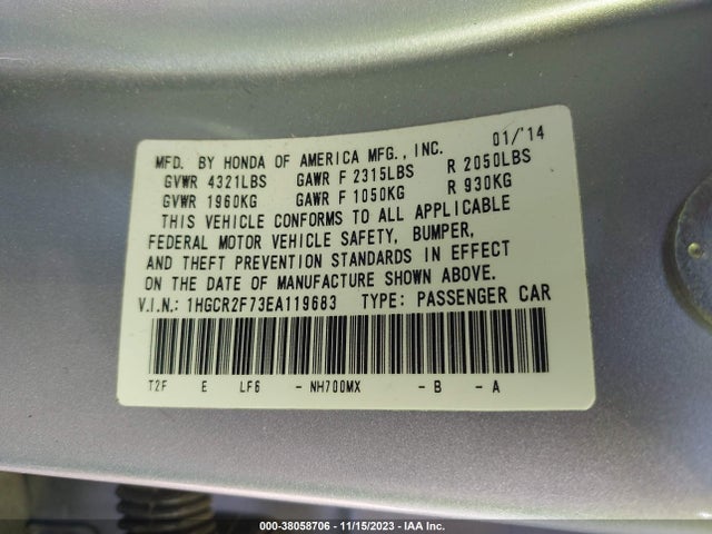 Honda ACCORD EX 2014 1HGCR2F73EA119683 Image 9