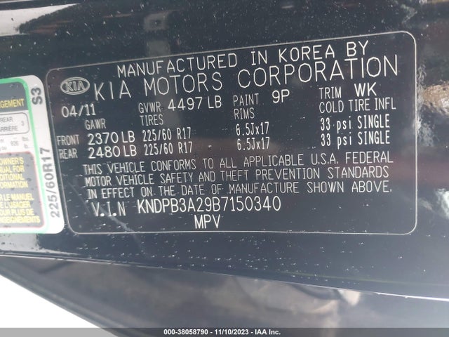 2011 KIA SPORTAGE LX VIN: KNDPB3A29B7150340