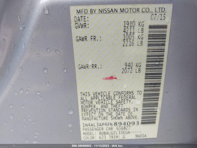 2015 NISSAN ALTIMA 2.5 SL/2.5 SV/2.5/2.5 S VIN: 1N4AL3AP4FN894093