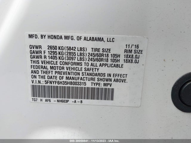 Honda Pilot Ex 2017 5FNYF6H35HB003315 Image 9