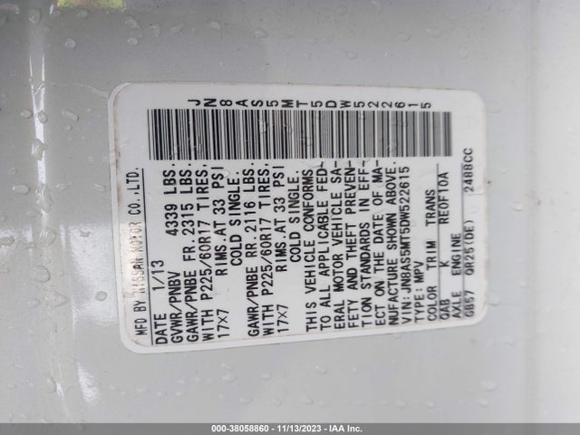 38058860 :رقم المزاد ، JN8AS5MT5DW522615 vin ، 2013 Nissan Rogue Sv مزاد بيع