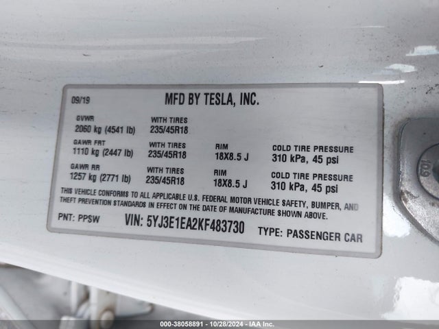 2019 TESLA MODEL 3 5YJ3E1EA2KF483730 Photo 8