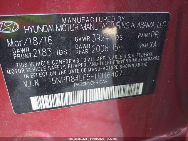 2017 HYUNDAI ELANTRA SE VIN: 5NPD84LF5HH046407
