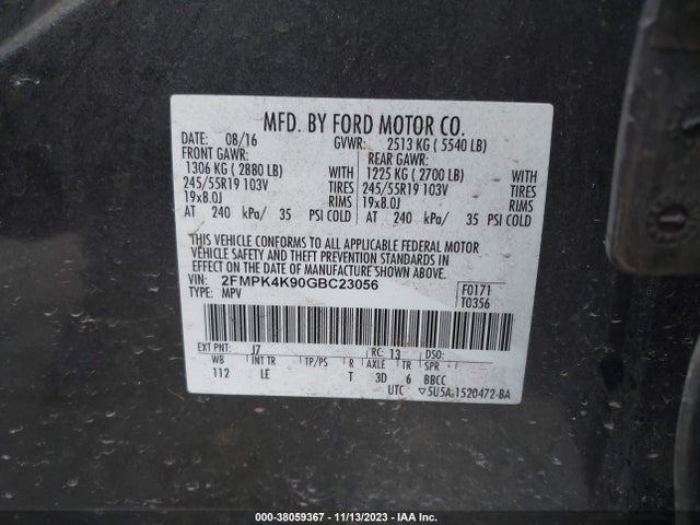 2016 FORD EDGE TITANIUM VIN: 2FMPK4K90GBC23056