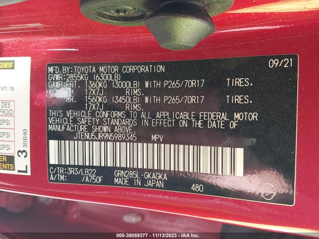 2022 TOYOTA 4RUNNER SR5 PREMIUM VIN: JTENU5JR9N5989345