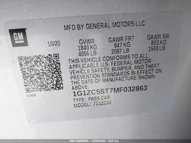 2021 CHEVROLET MALIBU FWD 1FL VIN: 1G1ZC5ST7MF032863