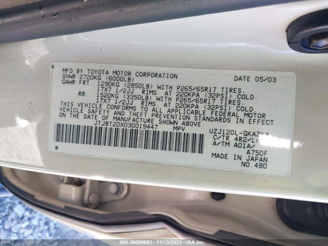 2003 LEXUS GX 470 VIN: JTJBT20X030019447