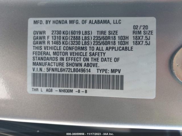 5FNRL6H72LB049614 Honda Odyssey Ex-l/ex-l W/navi & Res