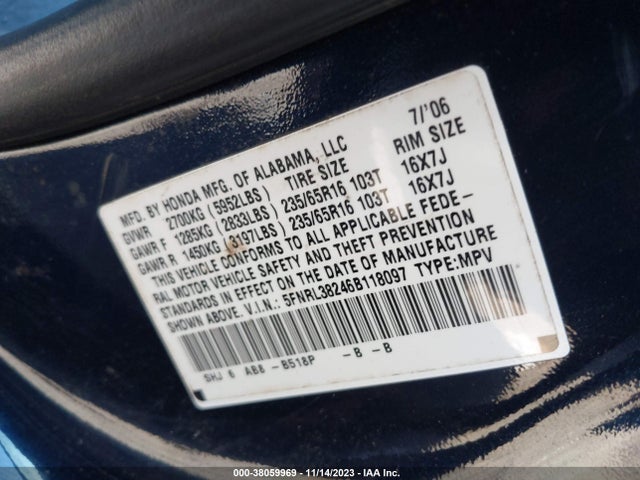 2006 HONDA ODYSSEY LX VIN: 5FNRL38246B118097