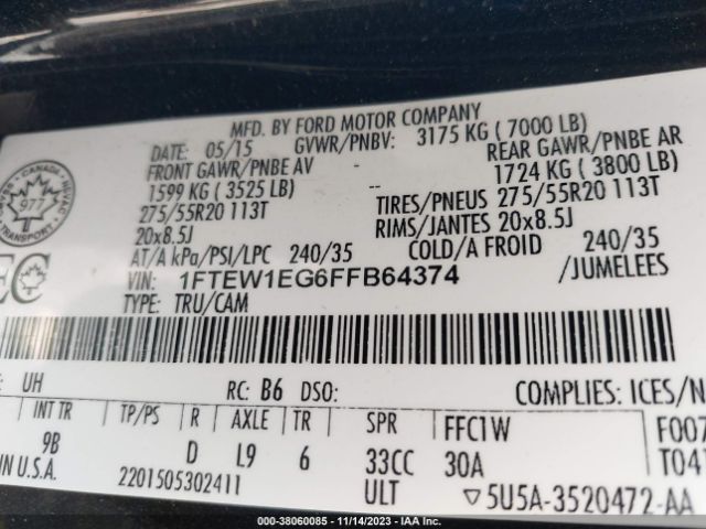 1FTEW1EG6FFB64374 Ford F-150 Platinum
