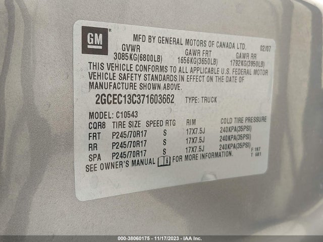 2007 CHEVROLET SILVERADO 1500 LT1 VIN: 2GCEC13C371603662