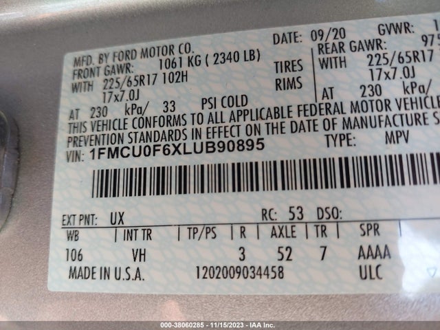 Ford ESCAPE S 2020 1FMCU0F6XLUB90895 Image 9