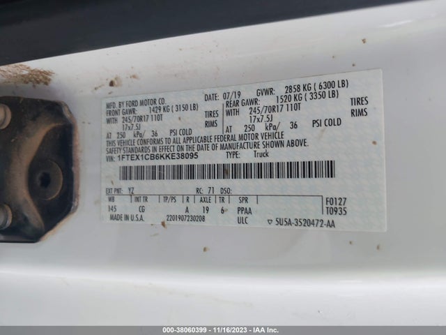 2019 Ford F-150 Xl მანქანა იყიდება აუქციონზე, vin: 1FTEX1CB6KKE38095, აუქციონის ნომერი: 38060399