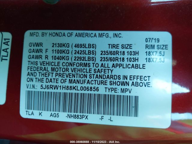 5J6RW1H88KL006856 Honda Cr-v Ex-l