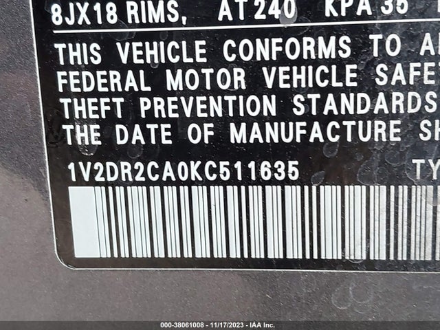 1V2DR2CA0KC511635 Volkswagen Atlas 3.6l V6 Se