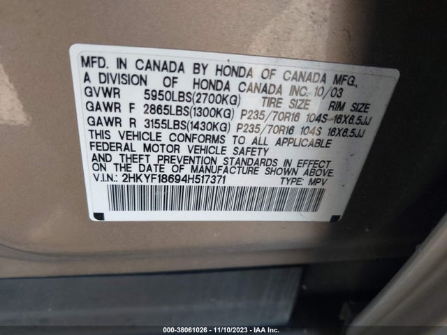 2004 HONDA PILOT EX-L VIN: 2HKYF18694H517371