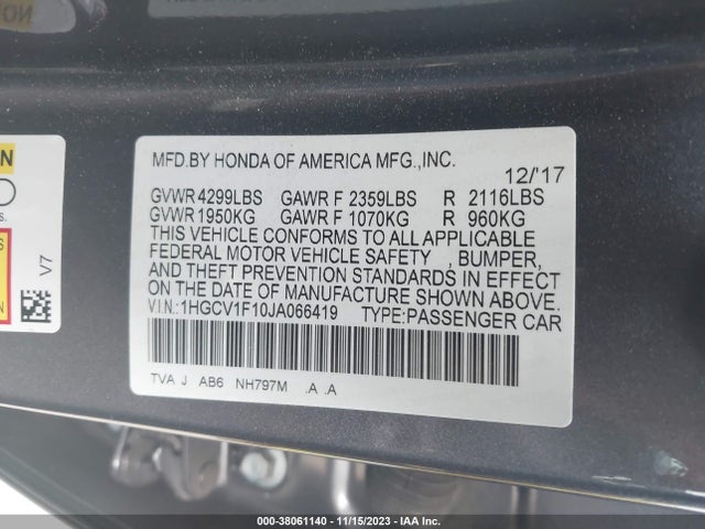 2018 HONDA ACCORD LX VIN: 1HGCV1F10JA066419
