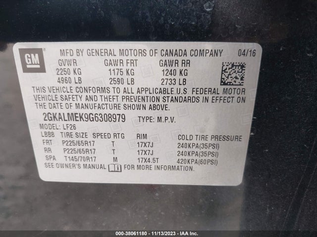 2016 GMC TERRAIN SLE-1 VIN: 2GKALMEK9G6308979