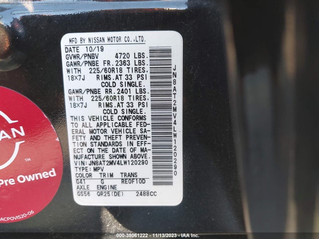 38061222 :رقم المزاد ، JN8AT2MV4LW120290 vin ، 2020 Nissan Rogue Sv Intelligent Awd مزاد بيع