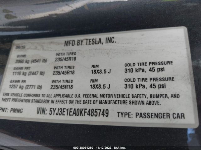 5YJ3E1EA0KF485749 Tesla Model 3 Standard Range/standard Range Plus/long Range/mid Range