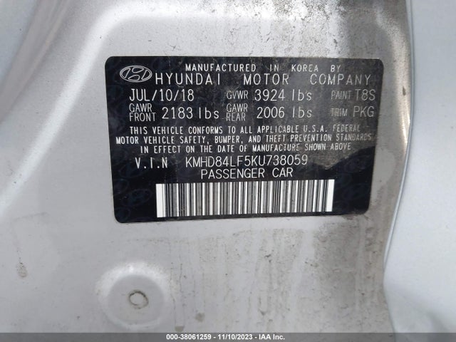 2019 HYUNDAI ELANTRA SEL VIN: KMHD84LF5KU738059