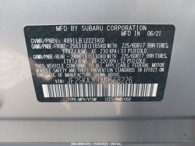 2021 SUBARU FORESTER PREMIUM VIN: JF2SKAJC0MH568226