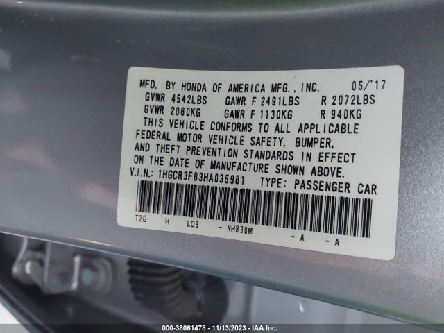 2017 HONDA ACCORD EX-L V6 VIN: 1HGCR3F83HA035981