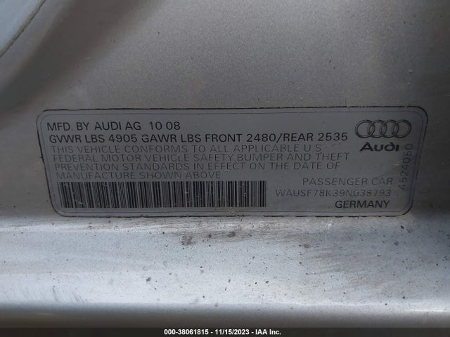 2009 AUDI A4 2.0T PREMIUM VIN: WAUSF78K39N038793