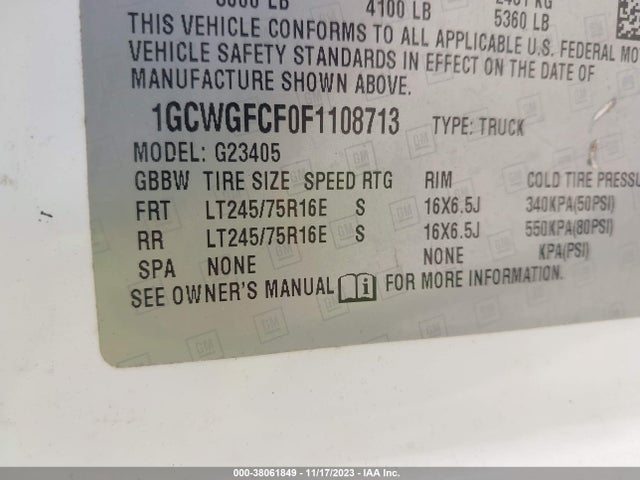 2015 CHEVROLET EXPRESS 2500 WORK VAN VIN: 1GCWGFCF0F1108713