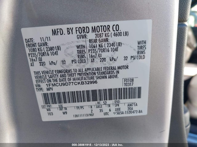2012 FORD ESCAPE XLT VIN: 1FMCU9D77CKB32996