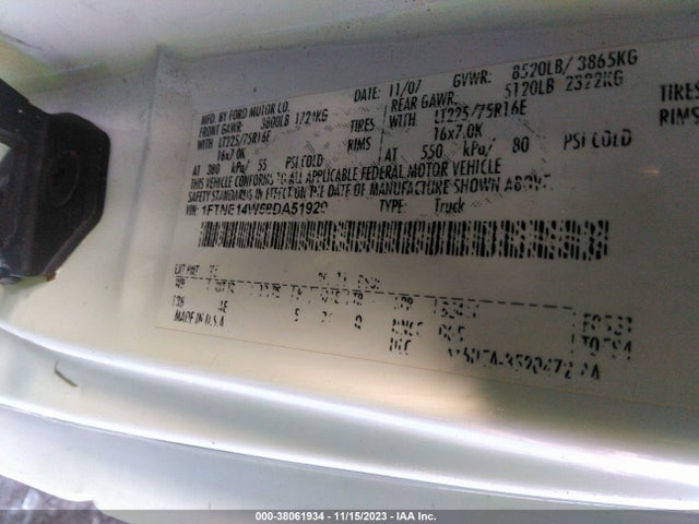 2008 FORD E-150 COMMERCIAL/RECREATIONAL VIN: 1FTNE14W58DA51929